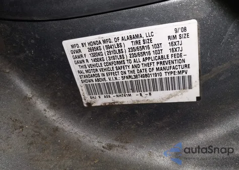 2009 Honda Odyssey Ex-L from USA, damaged, VIN 5FNRL38749B011910